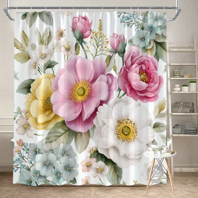

1pc rose and light blue floral pattern shower curtain, polyester fabric, machine washable, suitable for bathroom decoration