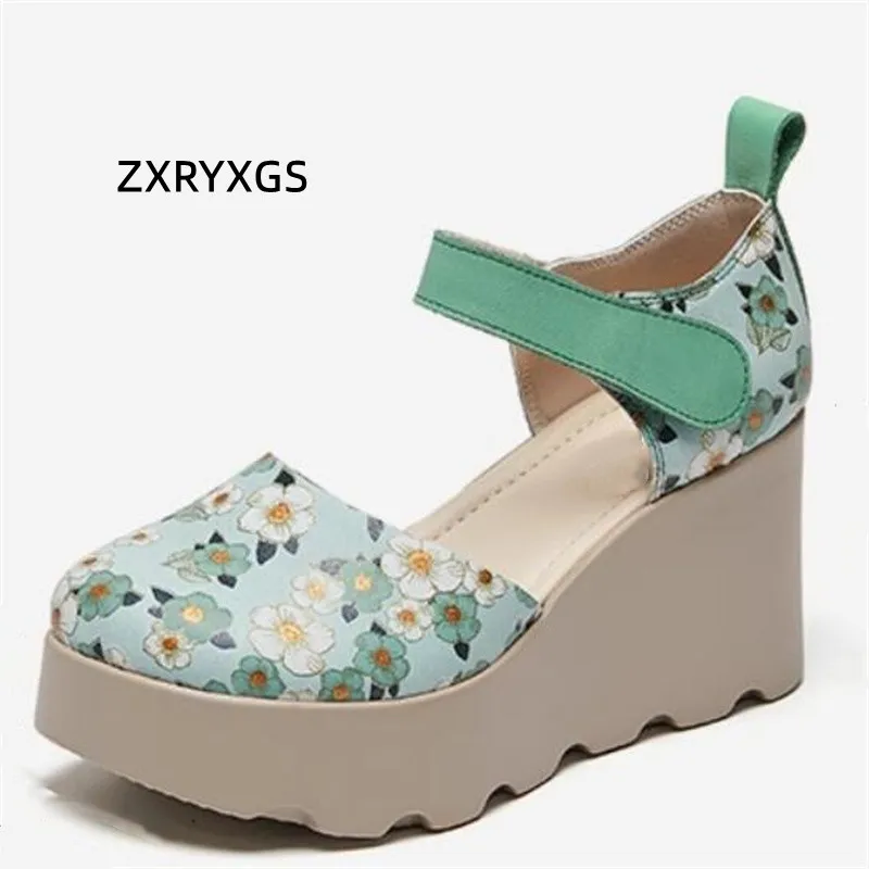 

ZXRYXGS 2024 Summer Round Toe Printing Head Layer Cowhide Sandals Fashionable Versatile Non-slip Wedges Sandals Women's Shoes