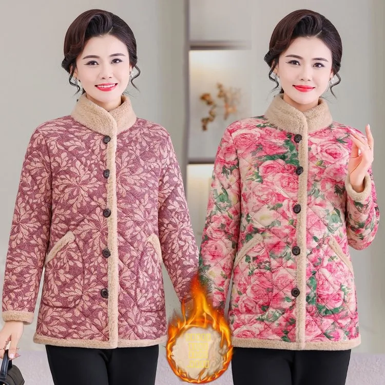 

Thiened Fce Warm Cotton Jaet for Middle-Aged And ly Women Autumn Winter Floral Print Large Size Mom Clothes