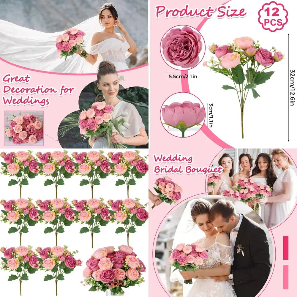 

12 Bundles Peonies Artificial Flowers Artificial Peonies Silk Flowers Bulk Fake Peony Bouquet for Bridal Shower Decorations Wedd
