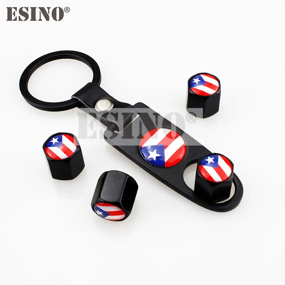 4 x Car Stainless Steel Zinc Alloy Wheel Tire Valve Stems Caps Purto Rico National Flag Fit With Mini Wrench Key Chain