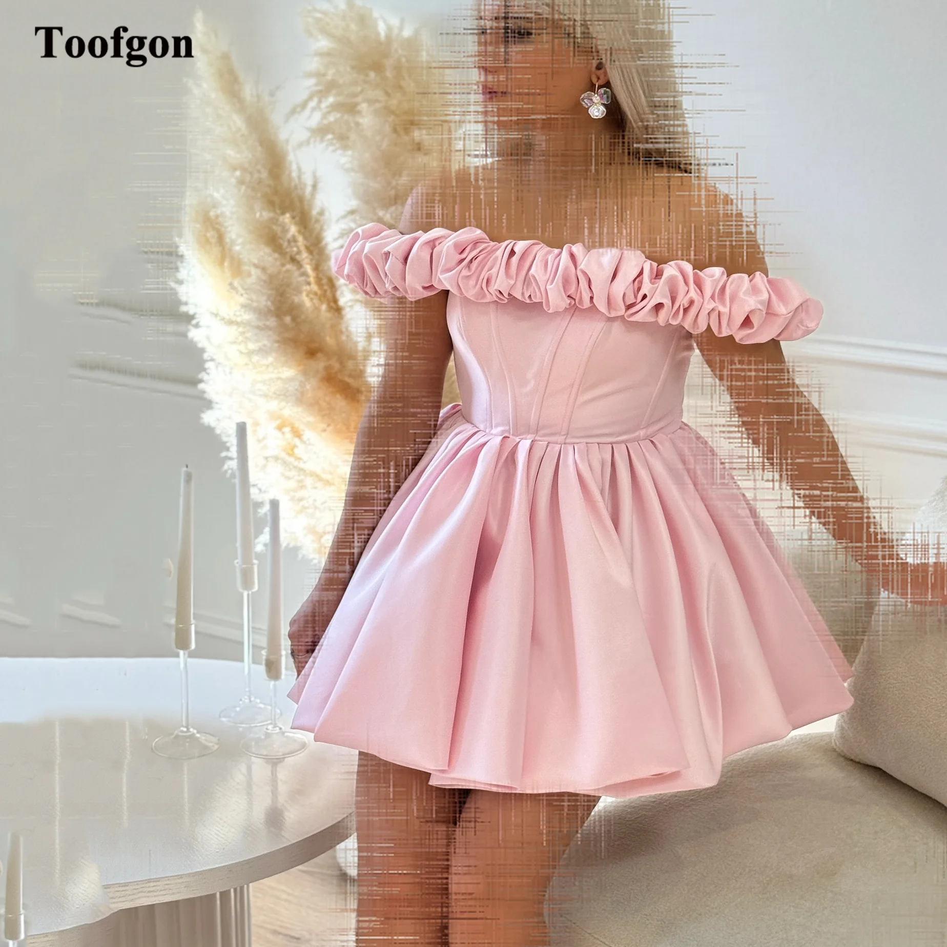 

Toofgon Pink Satin Mini Prom Dresses Customized A Line Off The Shoulder Formal Party Homecoming Dress Girl Dance Cocktail Gowns