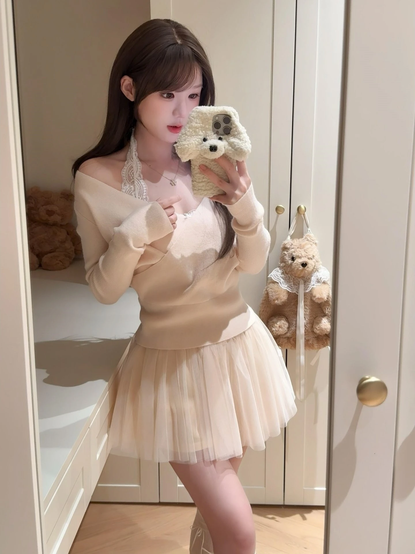 

Pink Cross V-ne oulder-baring Knitwear Batwing Sve High-waisted A-line Skirt Set Women's Faion Plus-size Ensemble