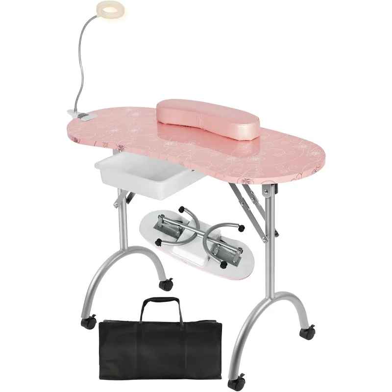 

Portable Manicure Nail Table, Foldable Manicure Table with Drawer, LED Lamp, 4 Lockable Wheels and Carry Bag