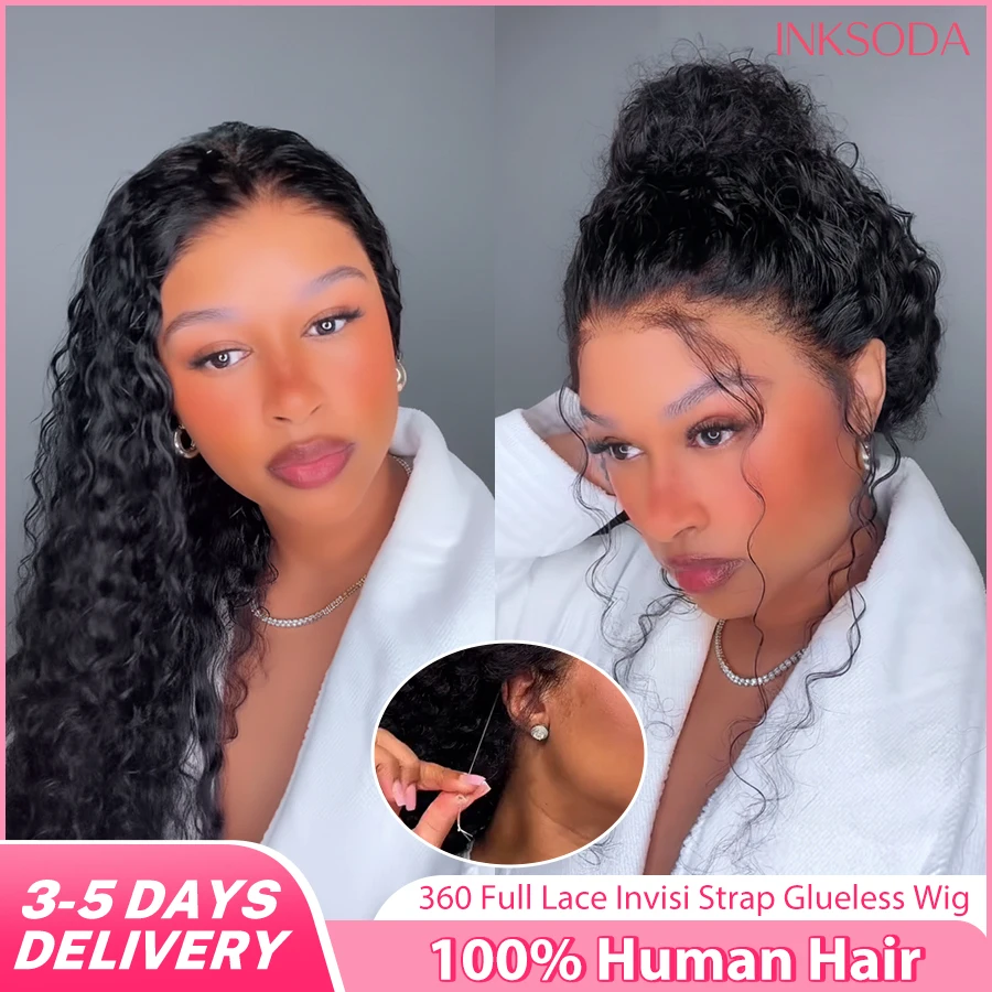 

360 HD Deep Wave Lace Frontal Human Hair Wig Invisible Strap Pre Plucked Glueless Full Lace Curly Wig with Drawstring For Women