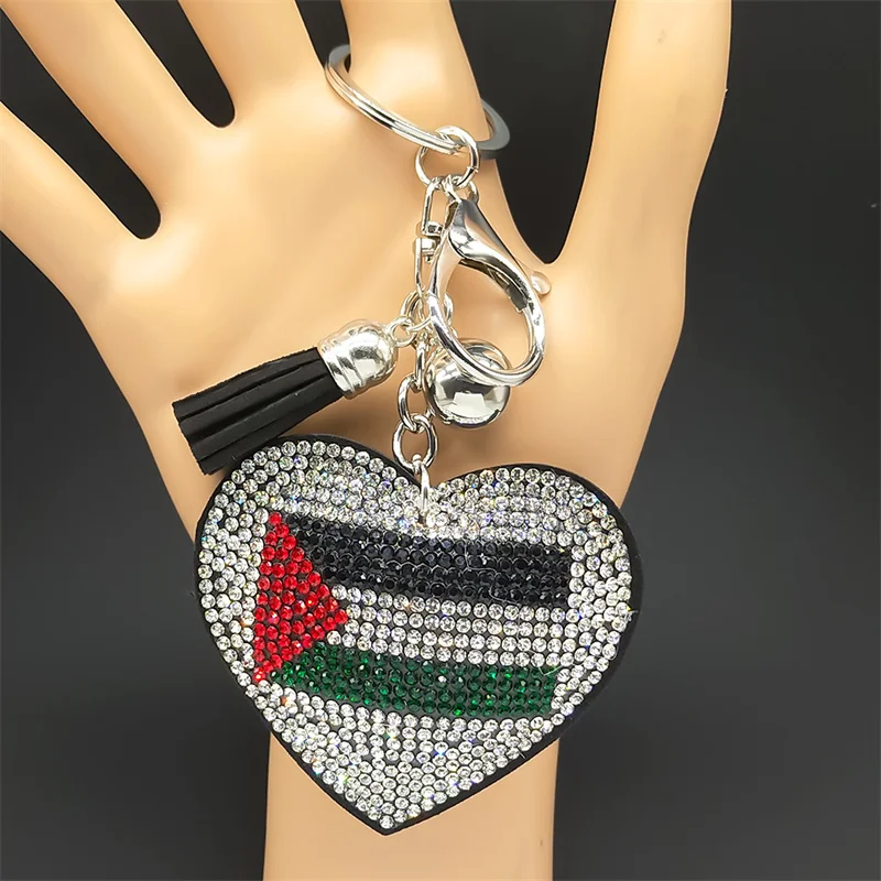 Palestine Flag Full Crystals Heart Shaped Key Chain for Women Men Leather Silver Color Keyring Bag Car Accessories Jewelry Gift - view 3