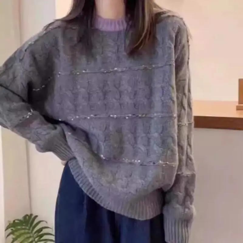 Sweater bergaris kontras yang lembut dan berbahan lilin untuk wanita, sweater wanita musim gugur dan musim dingin, gaya santai, kaos dalaman, Gaya Fashion Terbaru