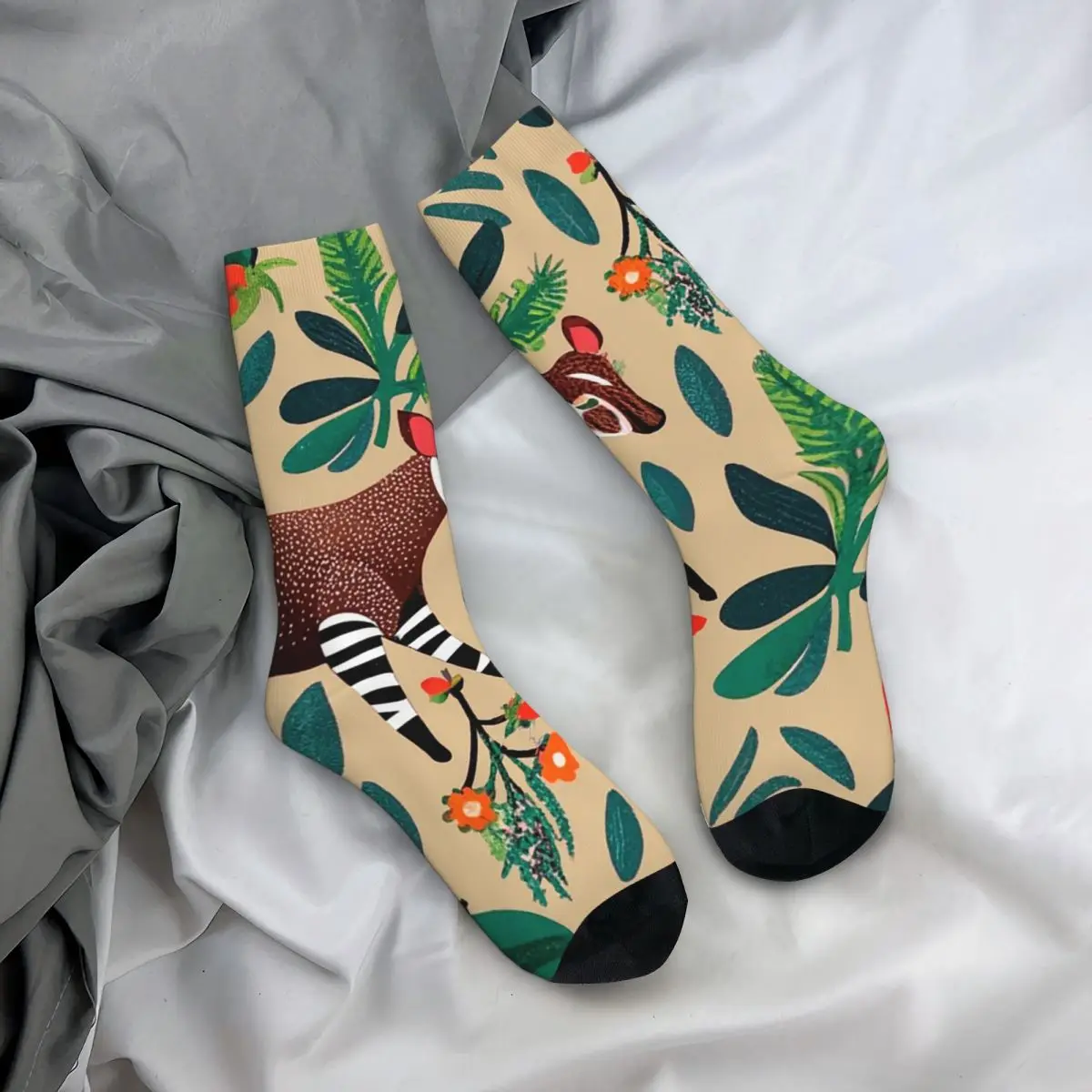 All Seasons Crew Stockings Okapi Animalier On Grass Vintage Socks Harajuku Long Socks for Men Women Valentine's Day Gifts