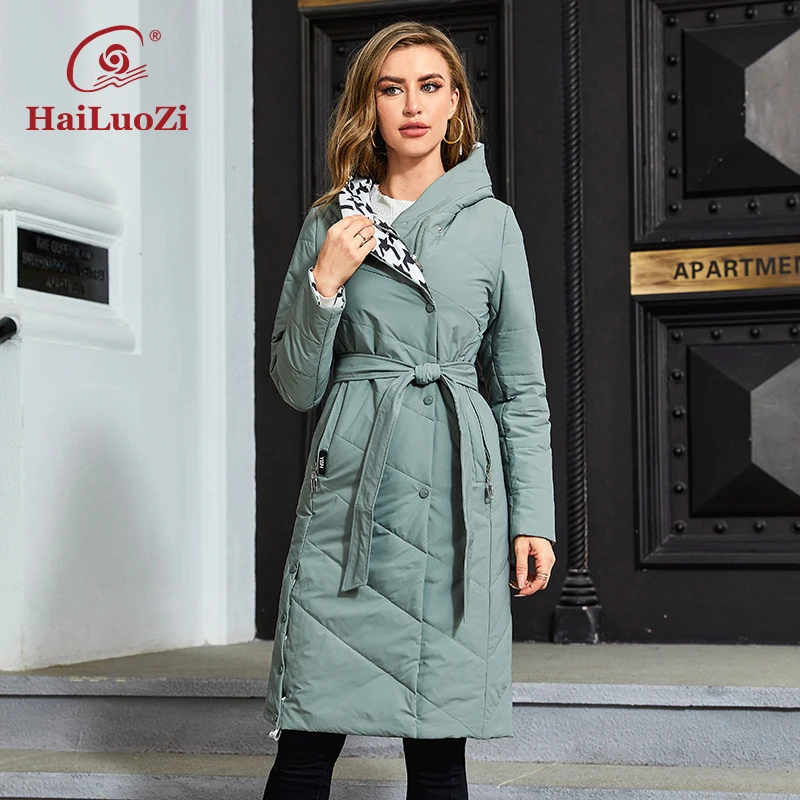 HaiLuoZi 2023 New Autumn Women Coat Hooded Parkas Long Outwear With a Belt High Quality Diagonal Quilting Women\'s Jacket 7059-1