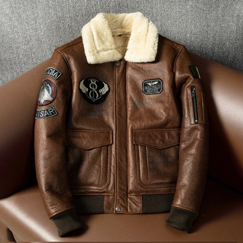 العسكرية A2 الطيار Bomber سترة جلدية حقيقية الرجال Vintage سلاح الجو رحلة الصوف طوق جلد الغنم معاطف جواكت شتوية للرجال