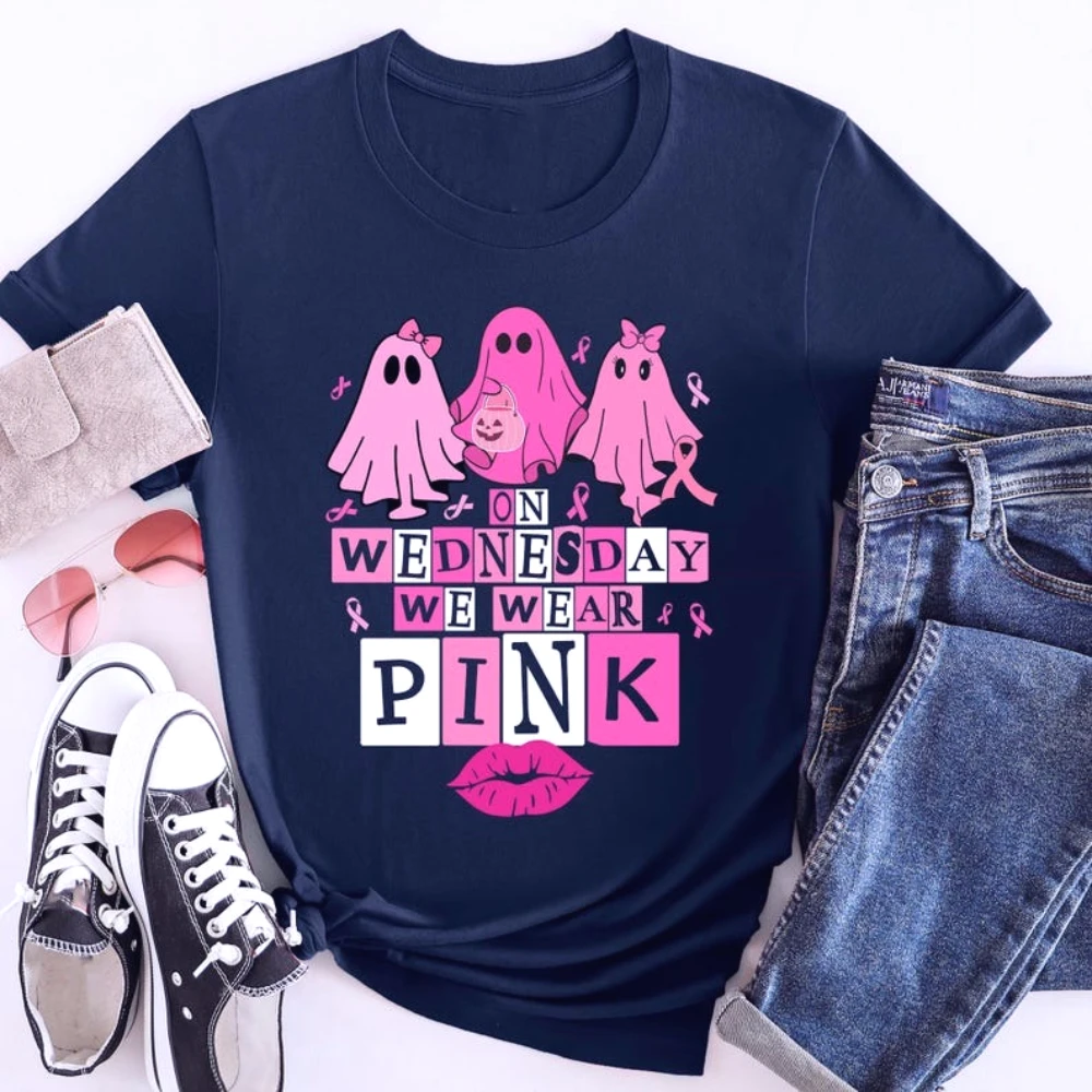 Retro on Wednesday We Wear Pink Shirt Breast Cancer Awareness Tshirt Breast Cancer Month Pink Ghost T-Shirt Halloween Women Tops view 3