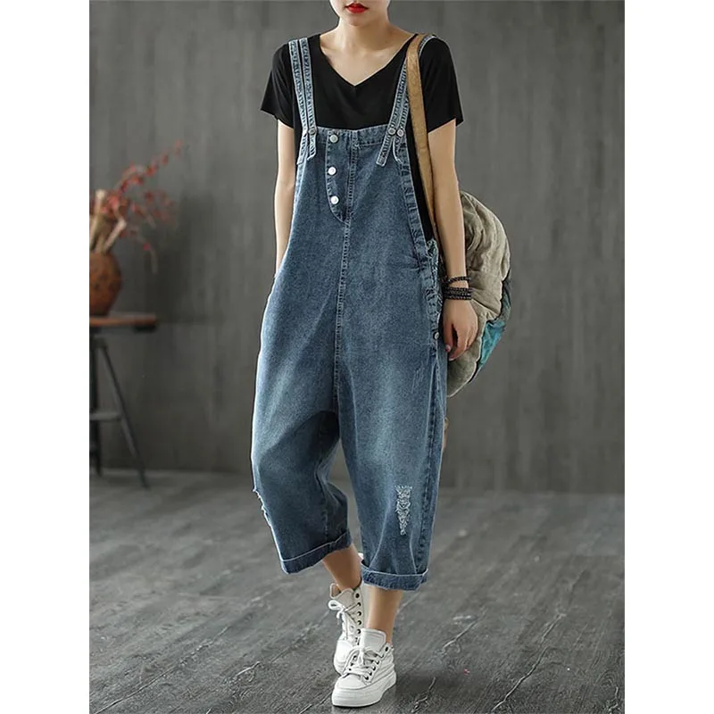

Новые летние женские повседневные свободные джинсовые комбинезоны-брюки 7/8 с винтажным дизайном и прорезями, с завышенной талией