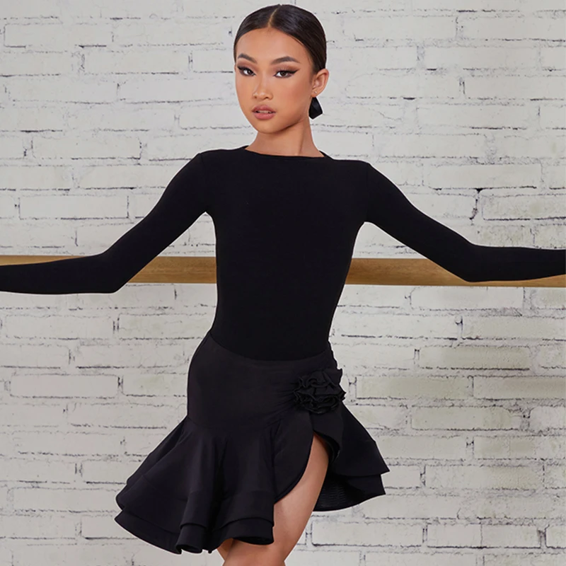 

Kids ZYM Latin Dance Dress Girls Black Bodysuit Skirt Long Sleeves Practice Clothes Cha Cha Dance Competition Clothing DNV19552