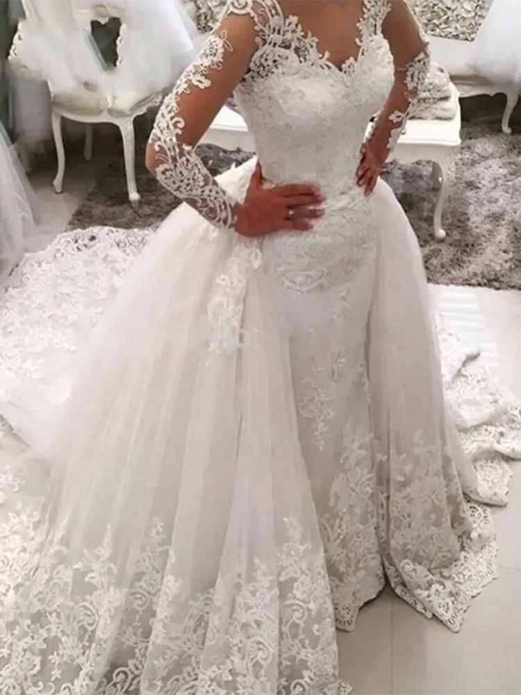 Luxury White 2 in 1 Detachable Mermaid Wedding Dresses 2023 Lace Appliques Saudi Arabia Long Sleeves Bride Gown Vestido De Noiva