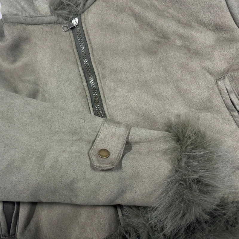 Gekerbter Kragen, Kunstpelzjacke, Wildleder, Reißverschluss, grün, kurzer Plüschmantel, warm, dick, Kunstfuchskragen, pelzige Jacken, flauschiger Straßenluxus