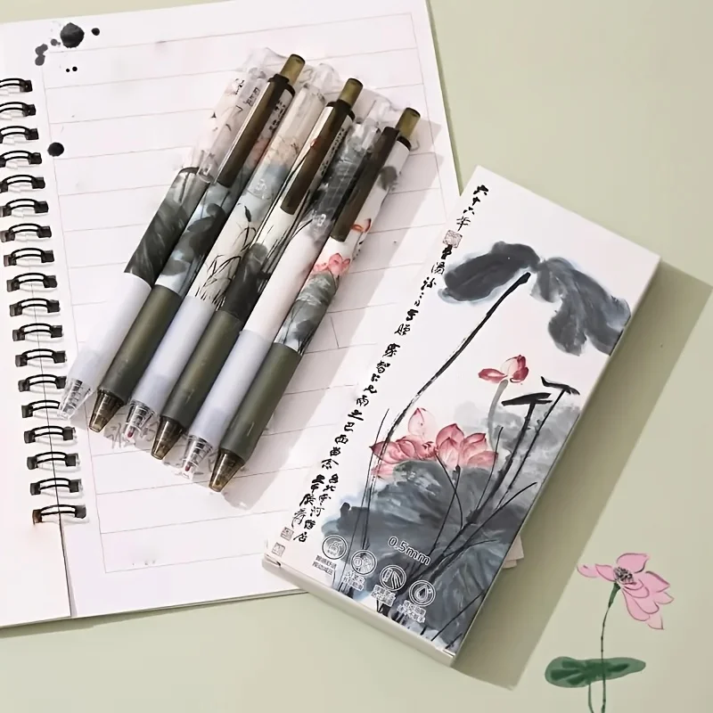 Pack of 6, Random Styles, Lotus Pattern Gel Pens, Chinese Ink Painting Style Ballpoint Pens, Fine Writing Tools, Office Supplies, Back-To-School Items, Black Ink, 0.5mm Nib, Smooth Writing, Suitable for School, Office, Home, Perfect Holiday Gift Home Office Essentials, Back-To-School Season, Traditional Aesthetics, Elegant Design, Precise Writing, Durable Plastic, Gel Pen Set