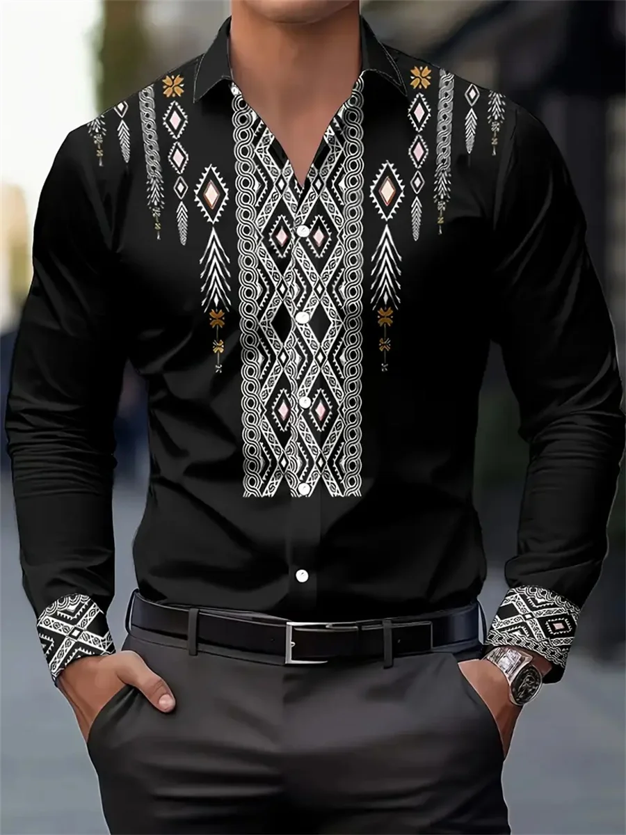 

Men's Ethnic Style Print Long Sleeve Shirt Autumn Winter Vintage Simple Lapel Clothes Fashion Loose Casual Business Tops For Men
