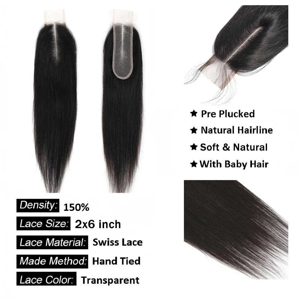 Newmi 2x6 Lace Closure Straight 2x6 Brazilian Virgin Hair 100% Human Hair Extensions Pre-plucked with Baby Hair For Women