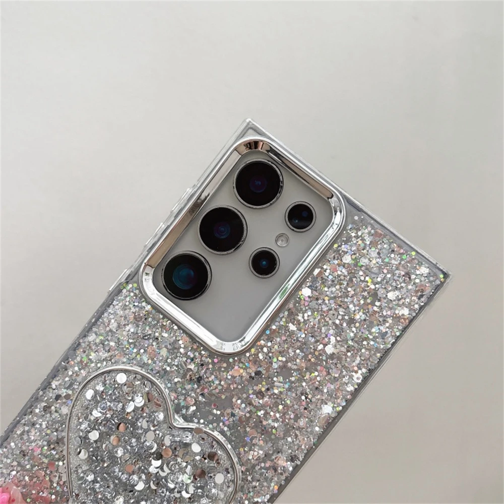 Funda con soporte de corazón brillante para Samsung Galaxy S25 S24 S23 S22 Ultra Plus FE, cubierta a prueba de golpes con brillo chapado completo