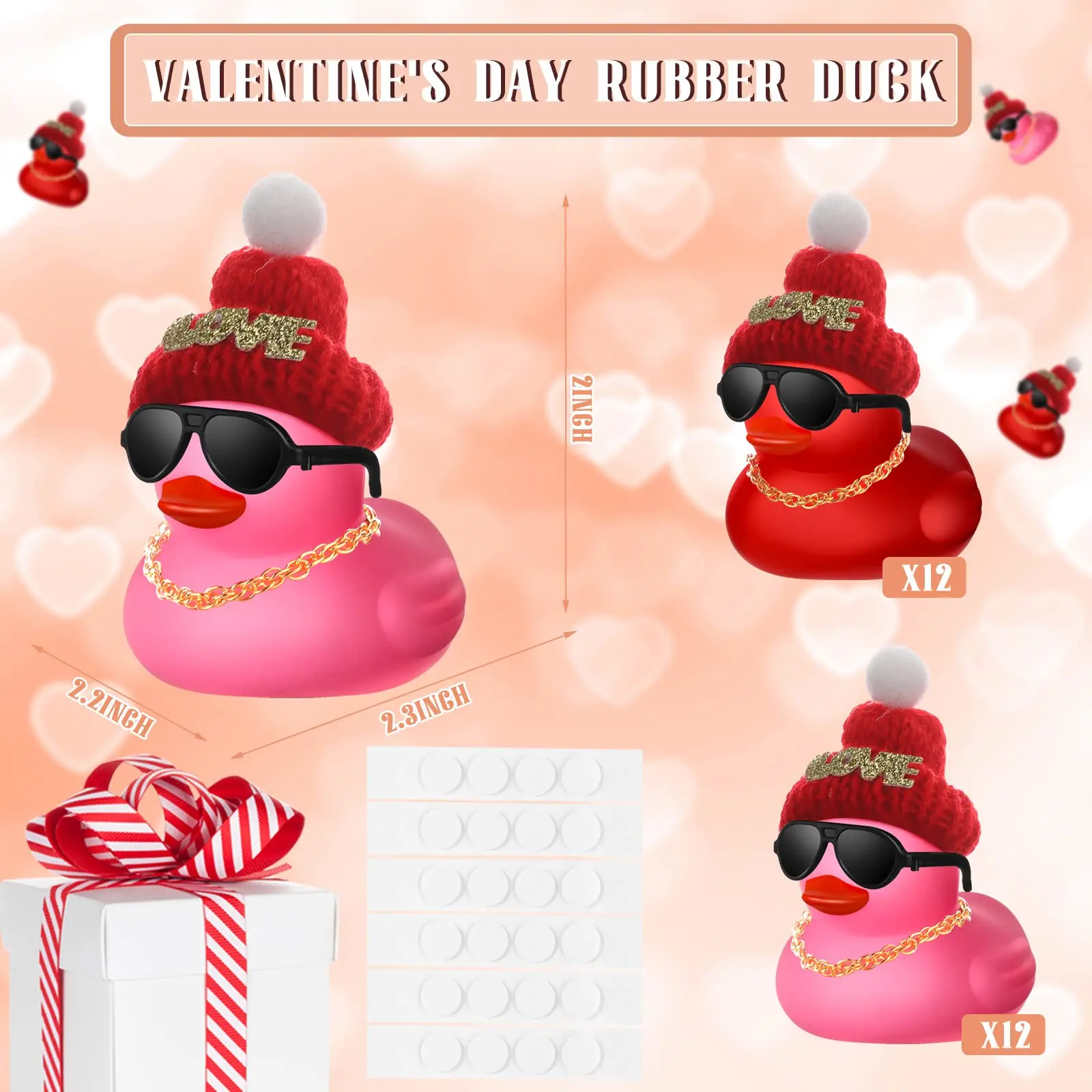 24 Pcs Valentine's Day Mini Rubber Duck with 24 Sunglasses 24 Hat 24 Necklace, Yellow Valentine Rubber Duck in Bulk Bath Toys