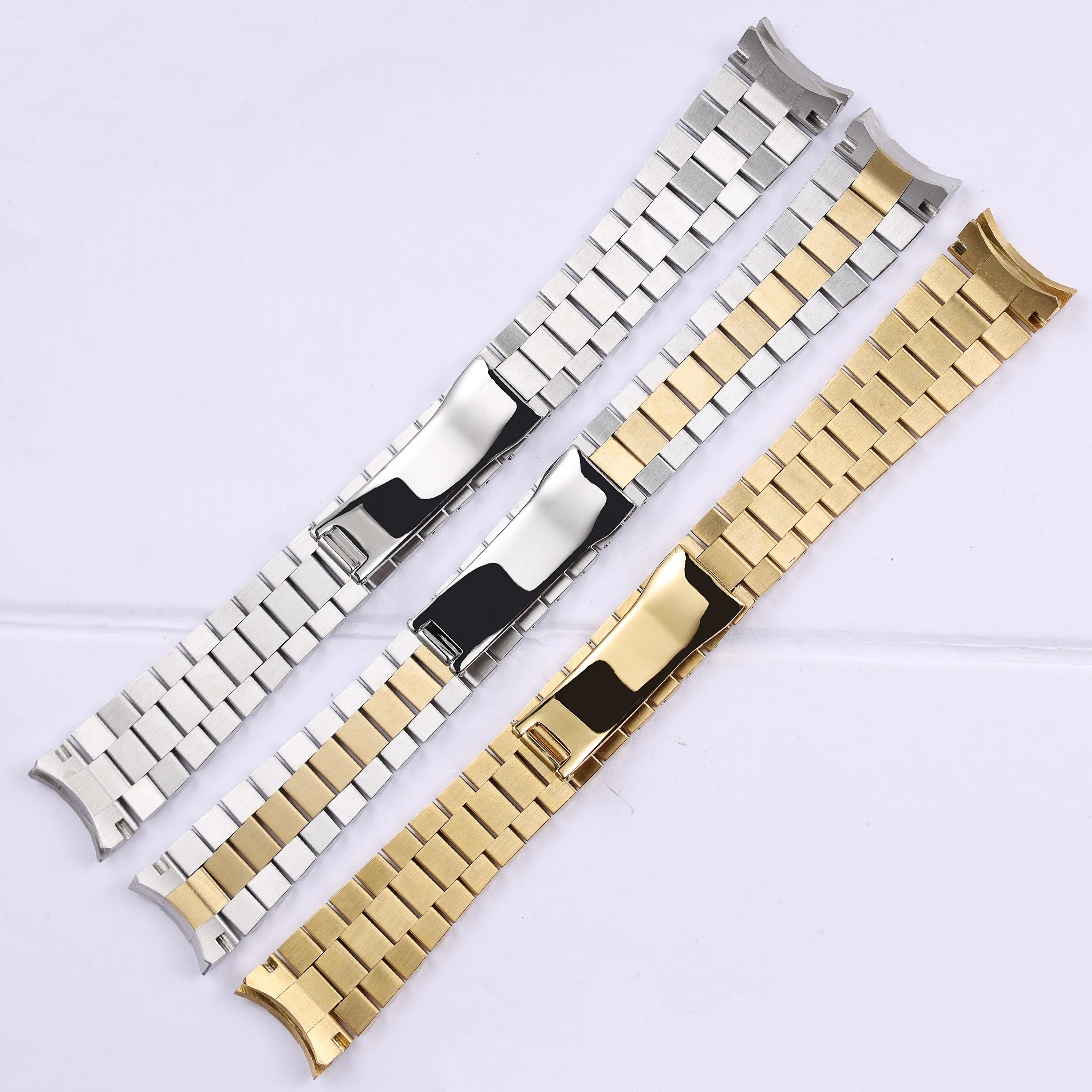 20mm Solid Curved End Screw Links Deployment Clasp Stainless Steel Wrist Watch Band Bracelet President Strap For Rolex Date