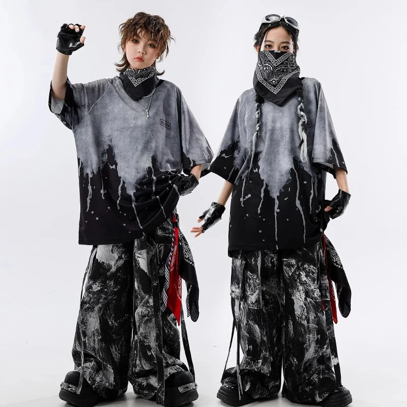 Costume de danse de rue, ensemble Hip Hop, T-Shirt surdimensionné, pantalon Shuffle noir et gris, Costume de scène de spectacle pour enfants, tenue de Jazz 3535