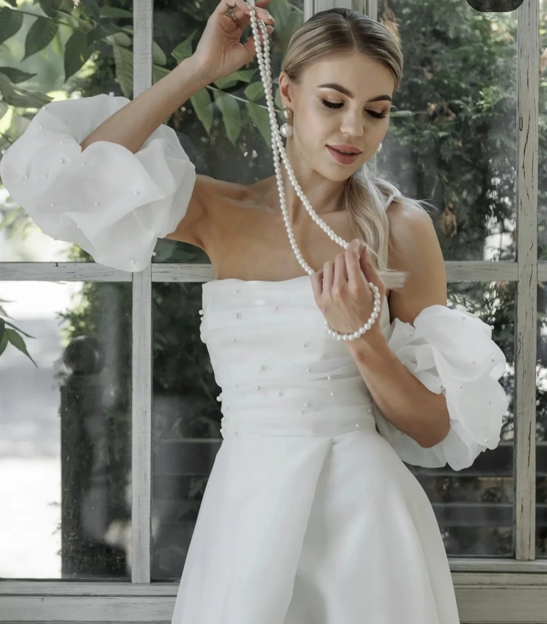 Organz-vestido De novia acampanado, prenda con abertura lateral hasta el suelo, manga abombada, personalizable a las medidas, con cordones en la espalda