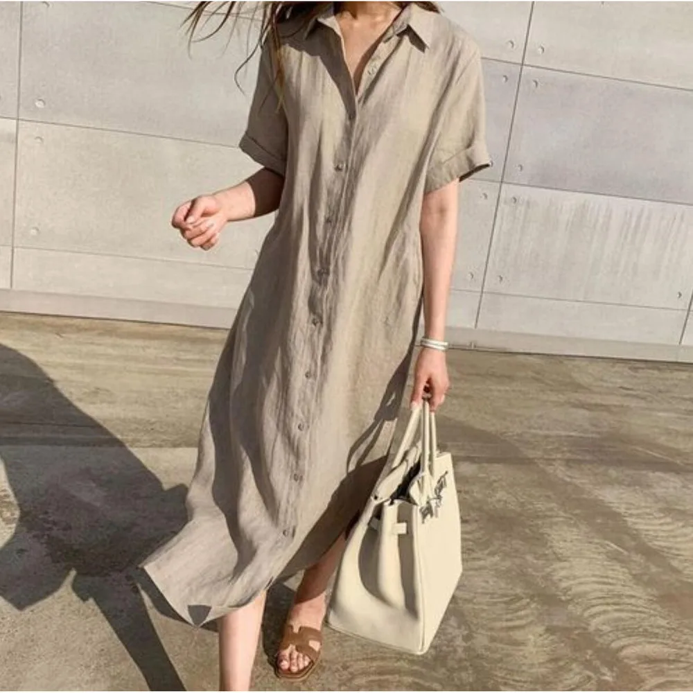 

2025 Korean Oversized Style Loose Fit Belted Waist Short Sleeve Linen Shirt Dress Womens Casual Summer Dress New