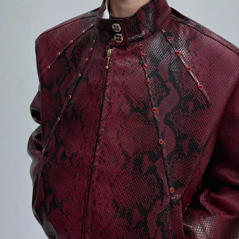 2026 New PU Leather Python Pattern Short Zipper Jacket for Men Spring Autumn Men's Baseball Jacket Korean Motorcycle Jacket Coat