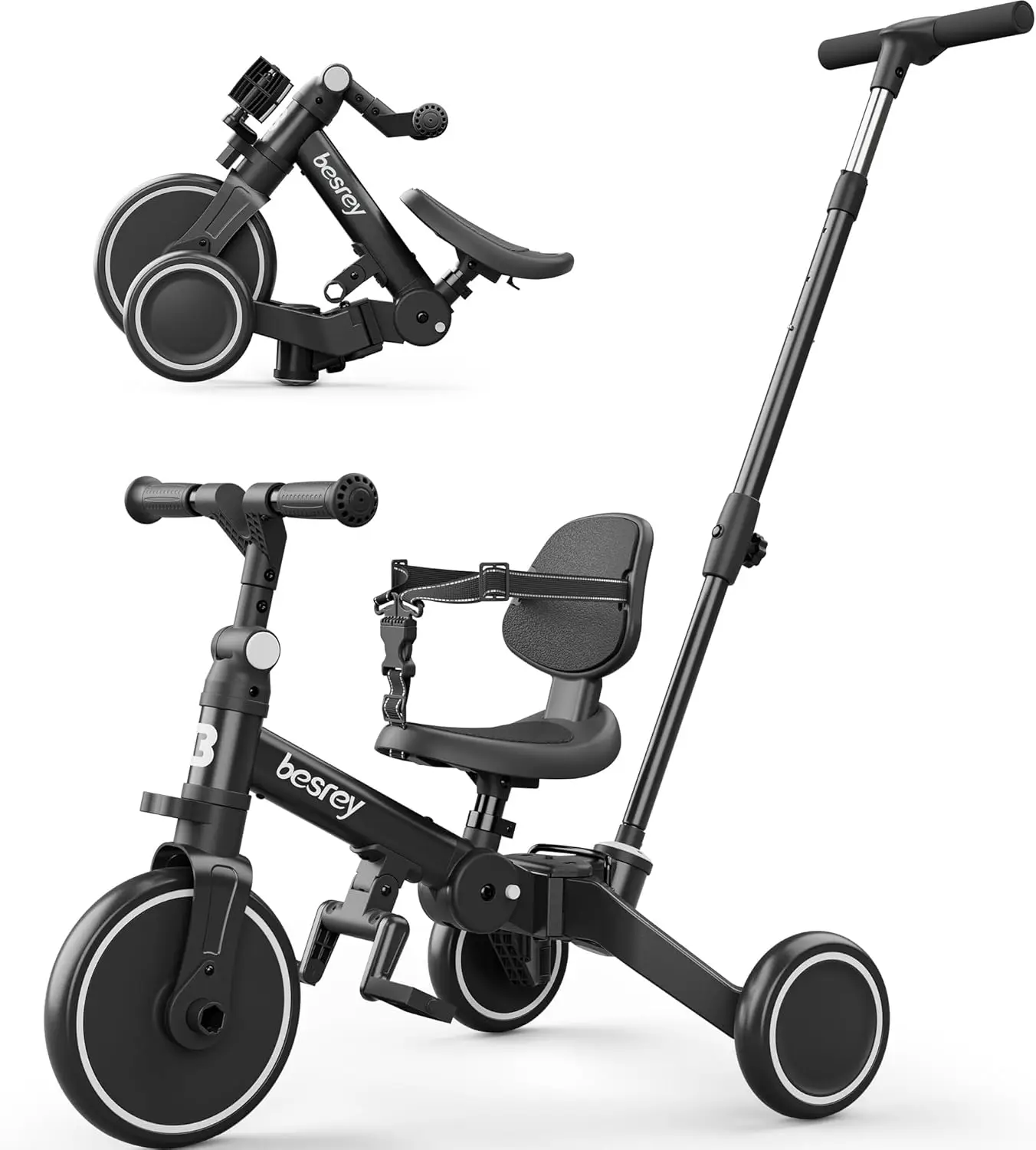 Tricycle 5 en 1 pour tout-petit de 1 à 3 ans, vélo avec poignée poussoir, dossier et ceinture de sécurité, cadeaux d'anniversaire et jouet