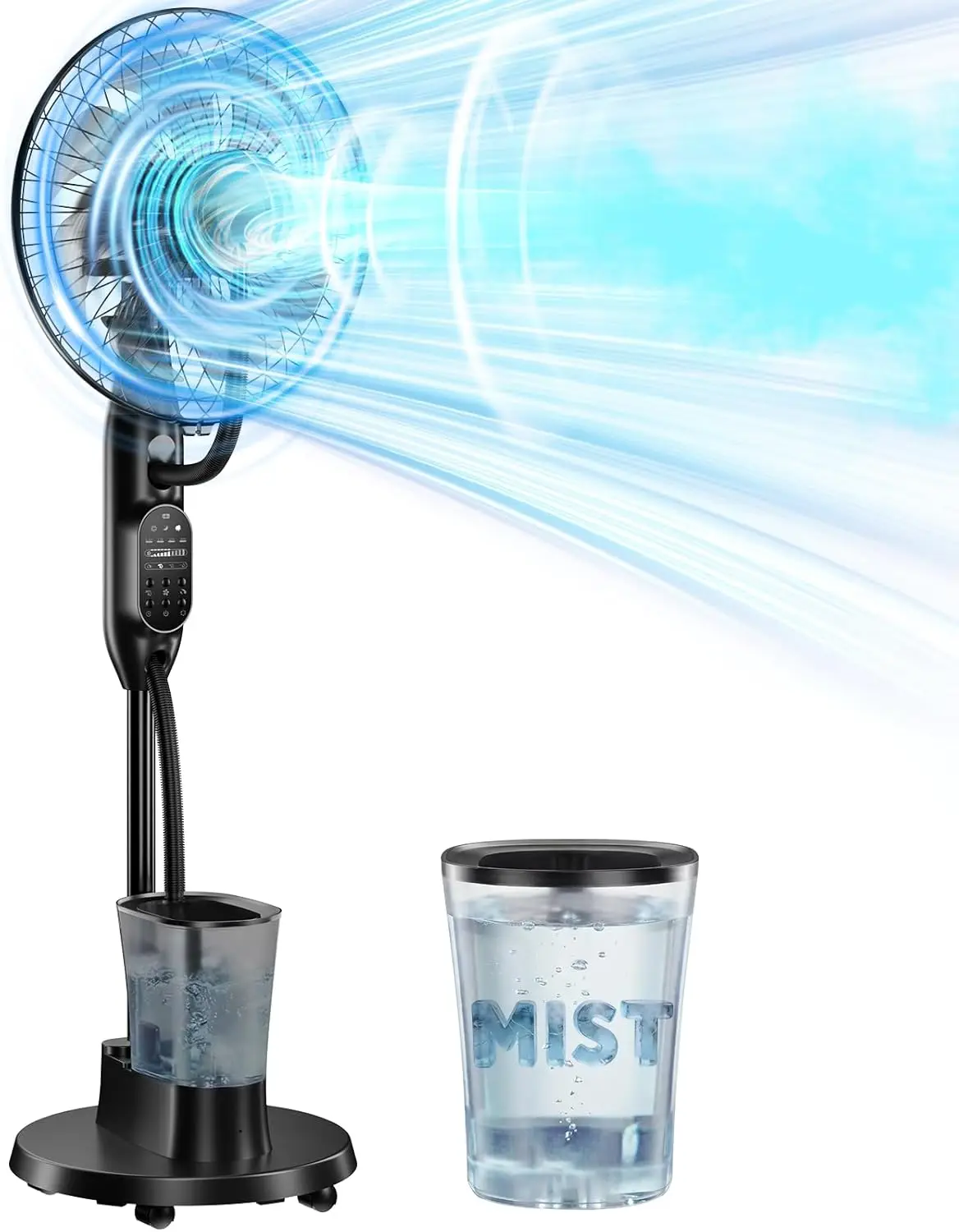 

Misting Fan, 16'' Standing Fan with Humidifier, Oscillating Fan with 3 Winds 9 Speeds, Ultrasonic Humidifier