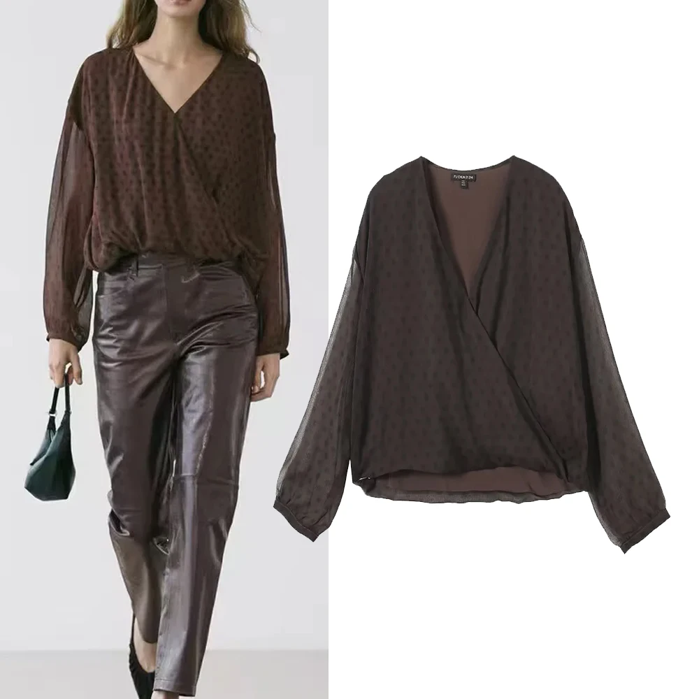 

Женская универсальная блузка с длинным рукавом и V-образным вырезом H2885, модный топ в европейском стиле, свободный крой, полиэстер, дышащая, весна-лето