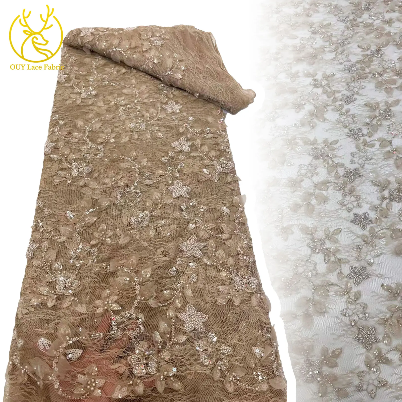 

Coffee African Beaded Lace Fabric 2025 High Quality French Nigerian French Sequin Lace Fabric For Wedding Party Dresses 5 Yards