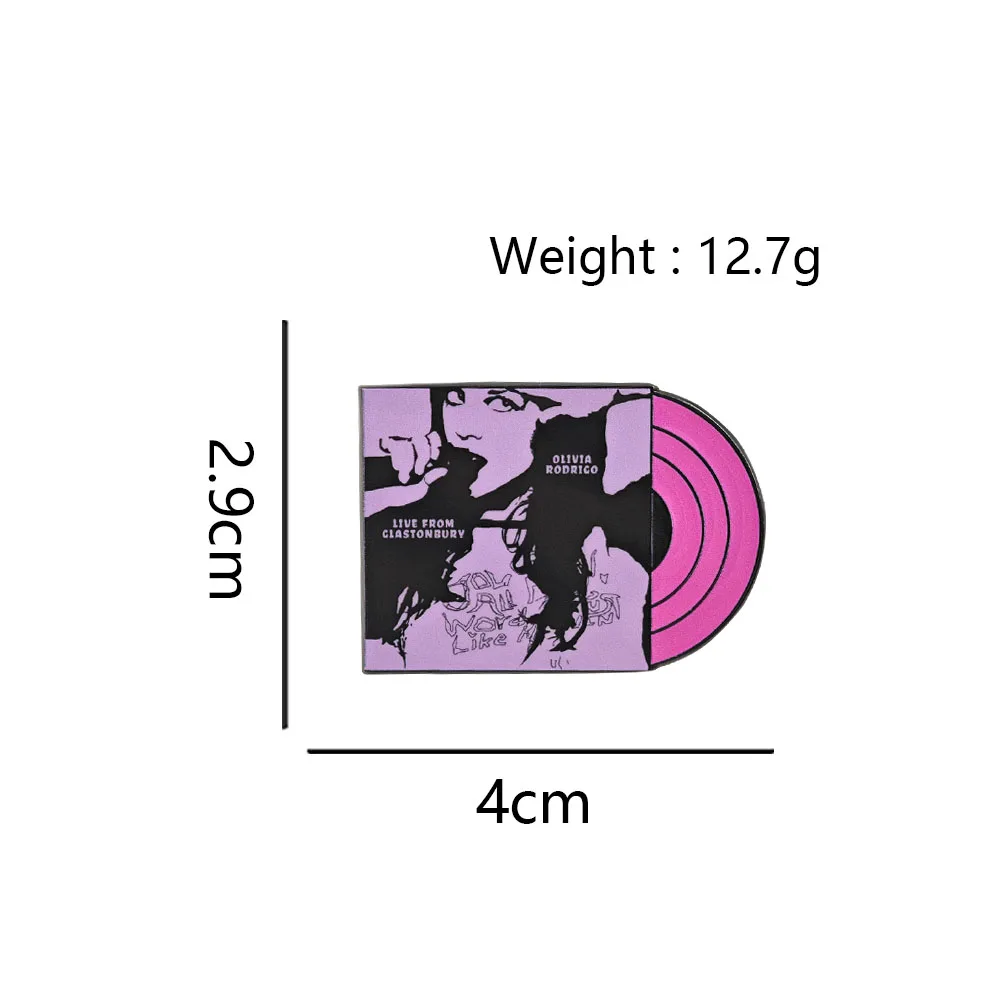 Olivia Rodrigo Brosche Lila Vinyl-Schallplatte Metall-Abzeichen Live From Glastonbury Emaille-Pin Pop-Musik-Fan-Geschenk Kleidungszubehör – Detail 2