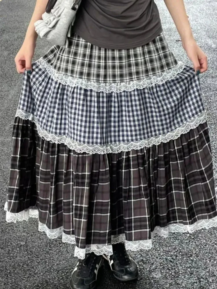 

Long Skirt For Women's Patchwork Lace Plaid Jupe 2025 Faldas Mujer High Waist Loose Saia Summer Casual Fashion Vintage Skirts