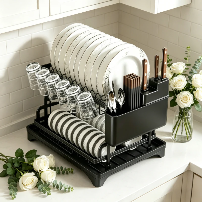 Estante de Almacenamiento de Cocina de 2 Niveles Sin Perforaciones, Diseño con Escurridor Giratorio, Portavajillas Multifuncional Ligero con Porta Utensilios Integrado