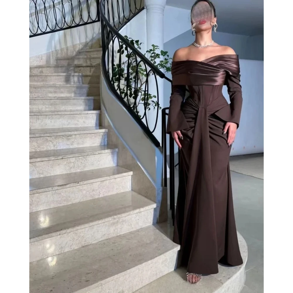 

Brown Prom Dress for Woman Customized Off The Shoulder Long Sleeve Mermaid Pleated Backless Floor Length Party Dress