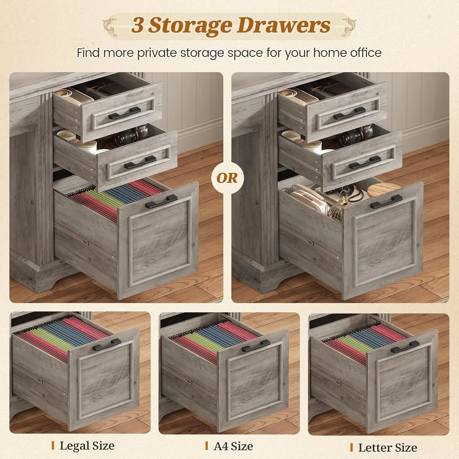 SEDETA オフィスデスク、引き出し3つ付き、47.2インチエグゼクティブコンピュータデスク、収納引き出しとハッチキャビネット付き、木製ファームハウスデスクウィット