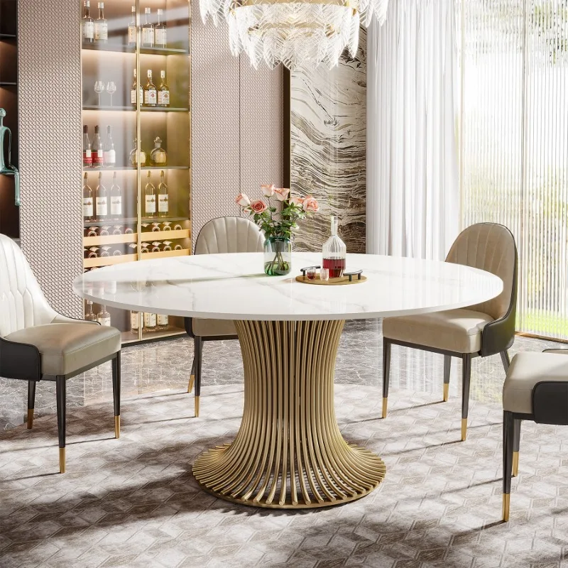 

Hotel round table banquet large light luxury household living room dining table round rock slab dining table