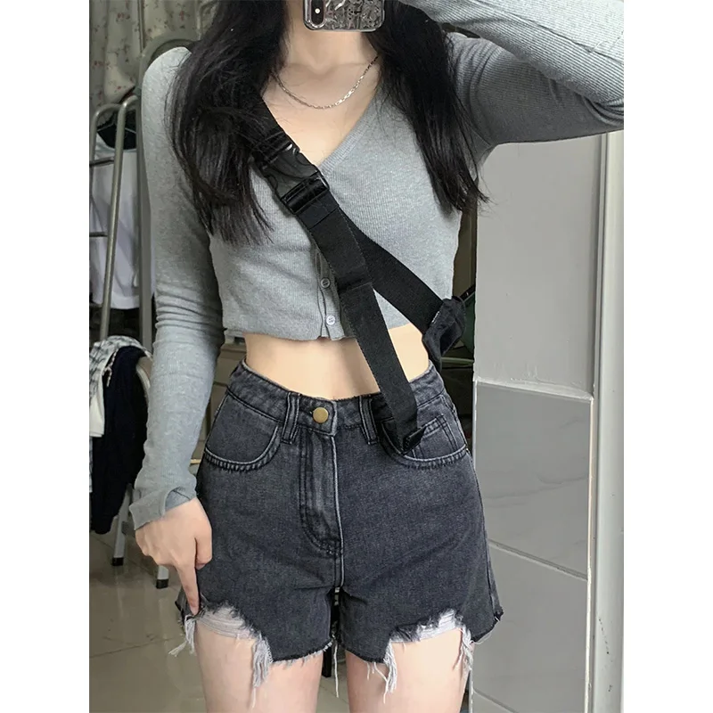 

High Waist Denim orts Women's Summer Thin Sle Torn A-Line Wide Leg Hot Pants Trendy Jeans ort Skirts Deep Color