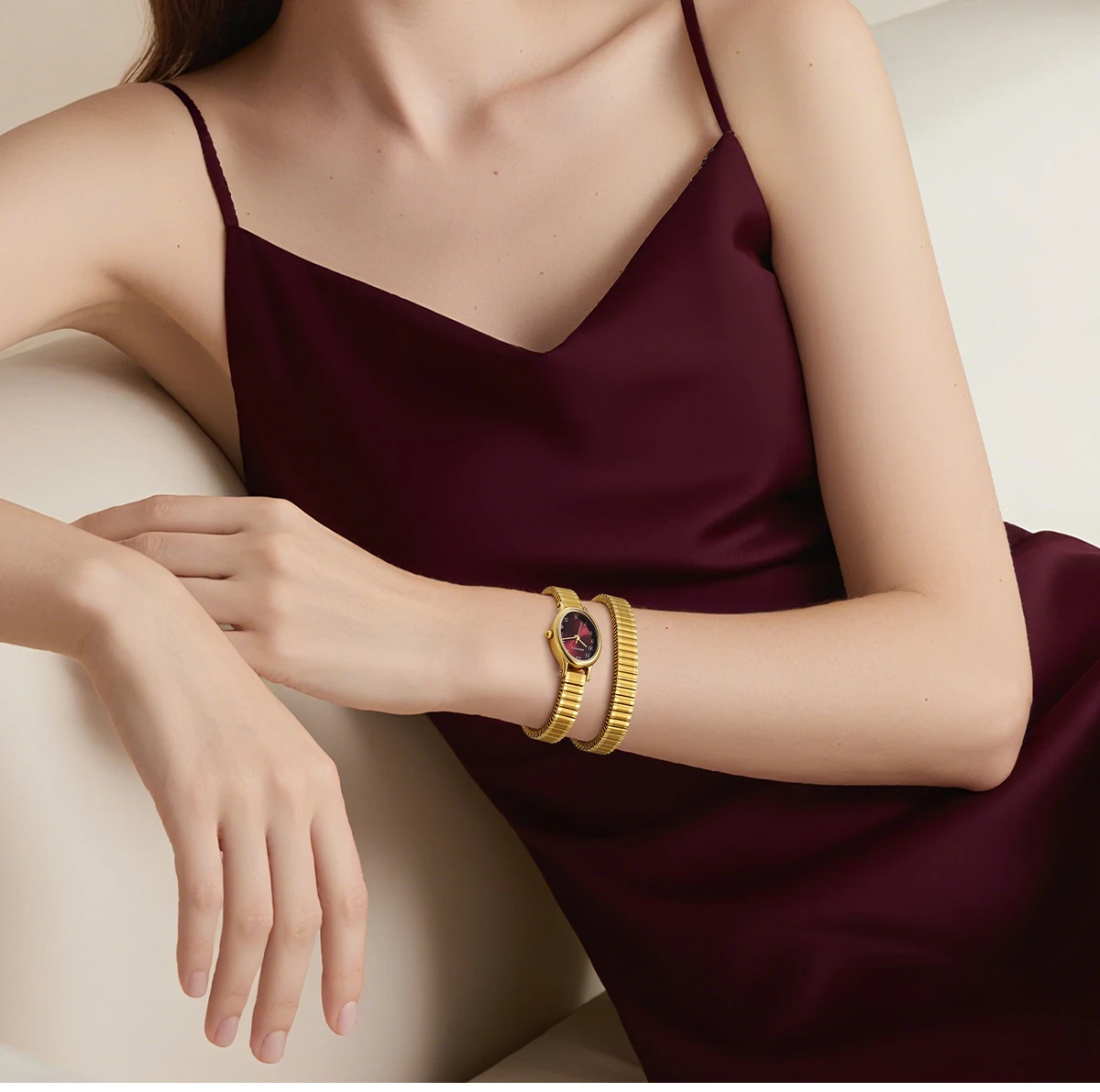 BERNY Goldene Uhren für Damen, luxuriöses goldenes elastisches Armband, elegante, leicht ablesbare Damenuhr, Stretch-Armband, Kleiderarmbanduhr – Detail 13