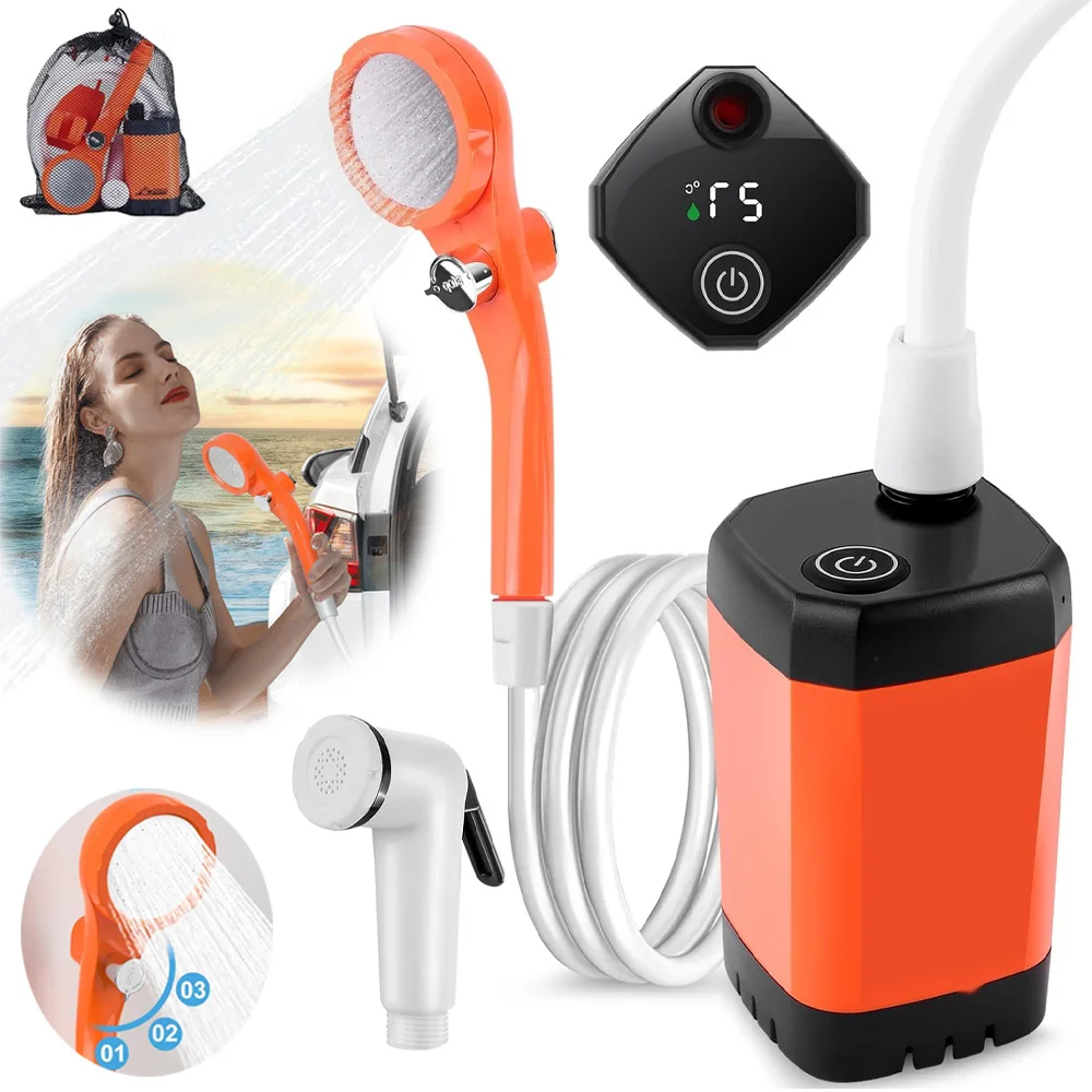 Pompe de douche légère pour camping en plein air, kit de nettoyage de douche, pompe de douche extérieure étanche IPX7, ensemble de tuyaux de 2 m, écran indicateur LED pour la randonnée, le lavage de voiture, le nettoyage des animaux domestiques