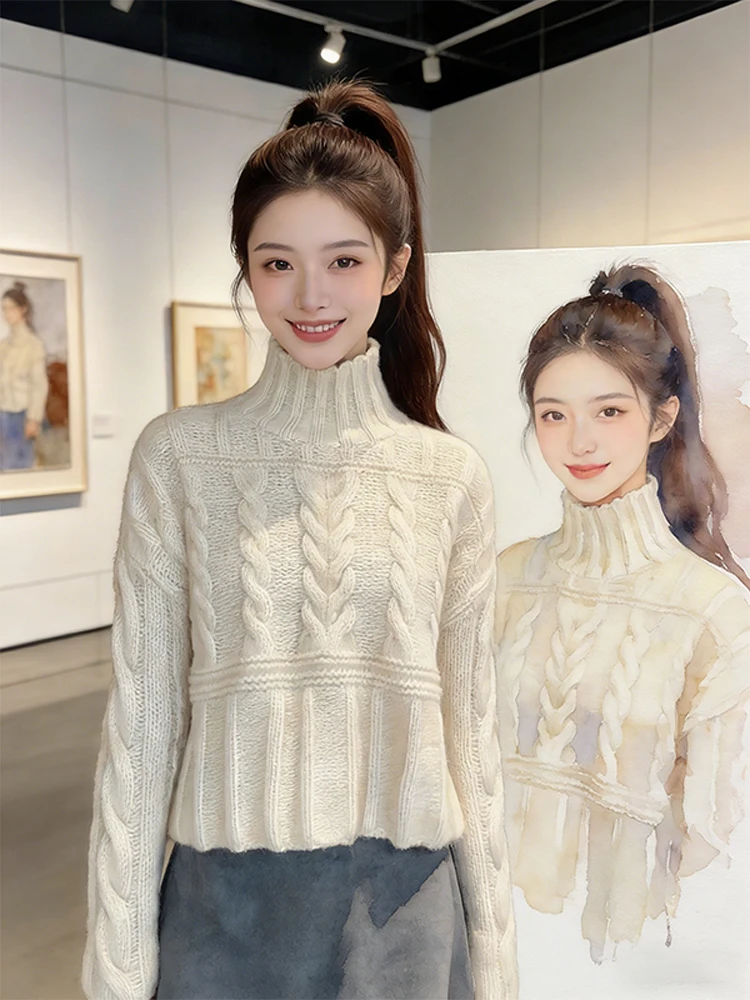 

Soft Cozy Knitted ort Sve Women's Top Casual Sle Twist Pattern f High Ne Sweater Versatile Simple Design Autumn W...