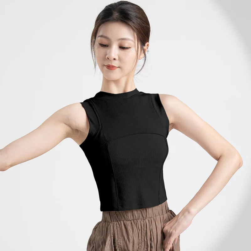 New Dance Suit for Adult Women, Slim Look, Round Neck Sleeveless Knitted Cotton Top Dance, Modern Dance Form Training Suit, Blac