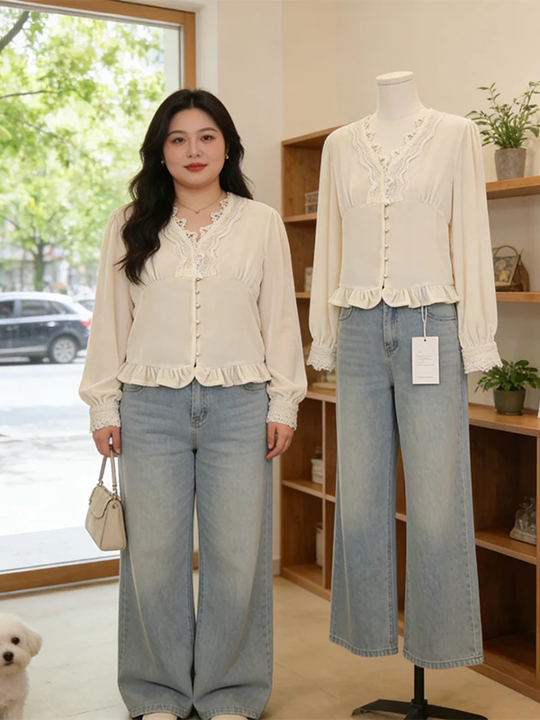 

Large Size Design Sense V-neck Lace Patchwork Gold Velvet Shirt Spring New Style Elegance Base Layer Top Women's Fashion