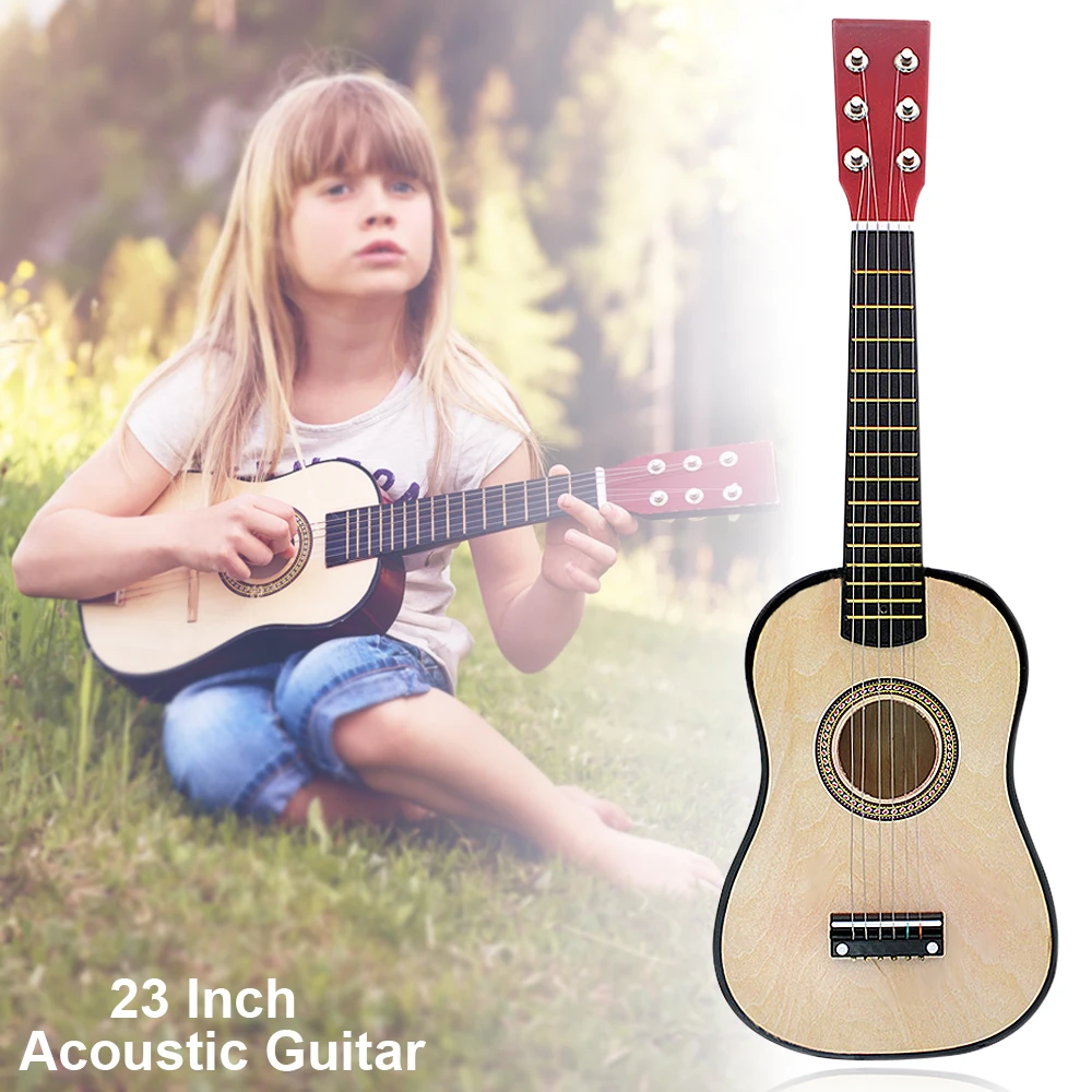 23 Inch Unisex Basswood Acoustic Guitar Wood Color 6 String Musical Instrument with Guitar Pick and String