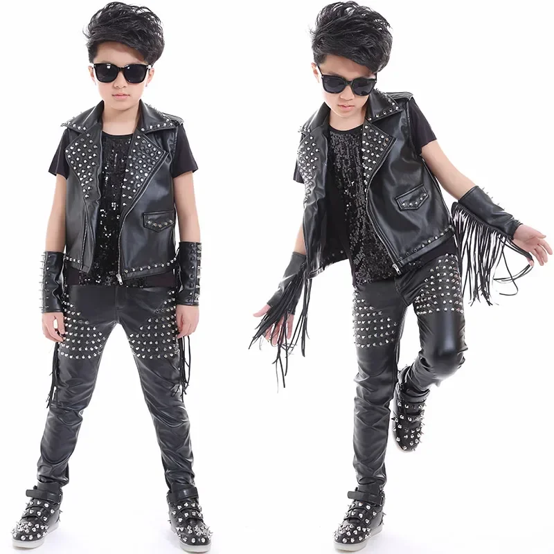 Boys Hip Hop Dance Jazz Stage Costumes For Kids Studded Black Leather Pants Jacket Vest Stage Performance Wear Clothes