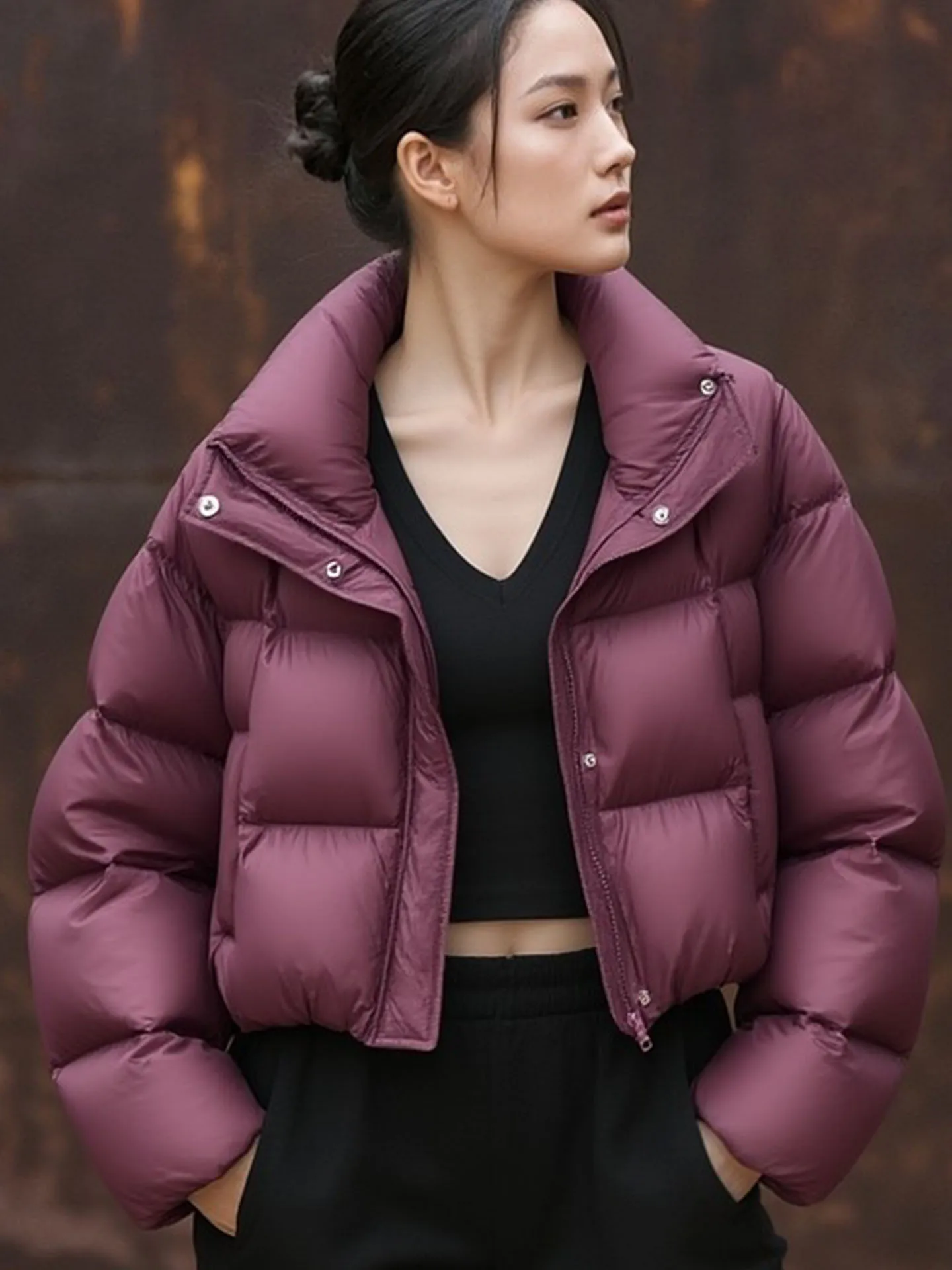 เสื้อโค้ทขนฟูสีแดงไวน์สำหรับผู้หญิง สไตล์เกาหลี แฟชั่นลำลอง เอวสูง แขนยาว อุ่นสบาย