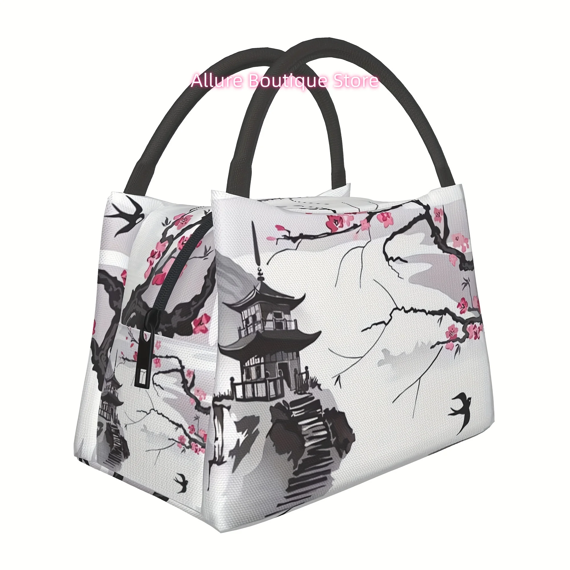 Reusable Insulated Lunch Tote Bag with Thermal Seal Zipper - Cherry Blossom & Pagoda Design, Portable Cooler Bag for Travel, Off