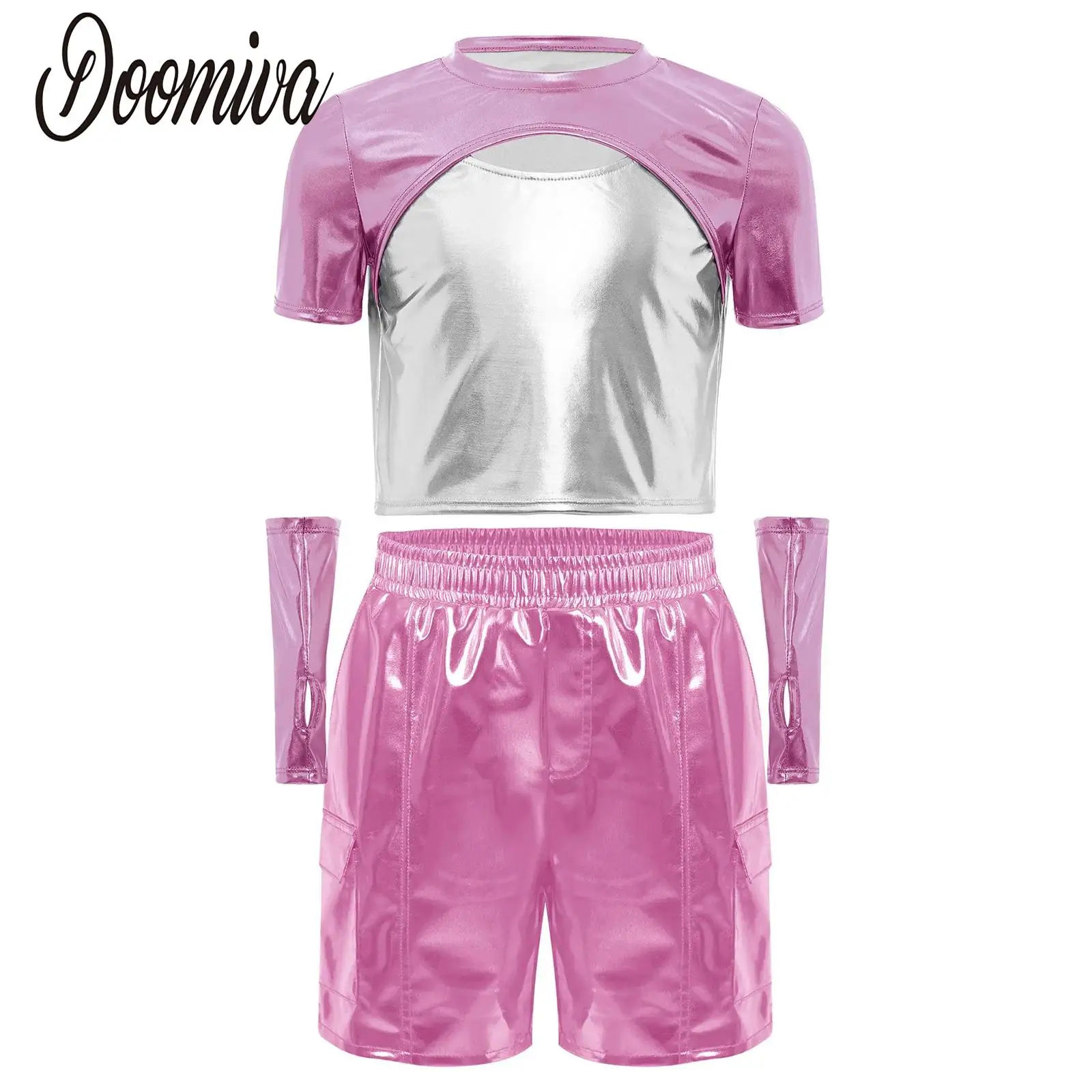 

Kids Girls Metallic Jazz Dance Performance Outfit Hip-Hop Modern Dance Short Sleeve Top with Gloves and Shorts Cheerleader Suits